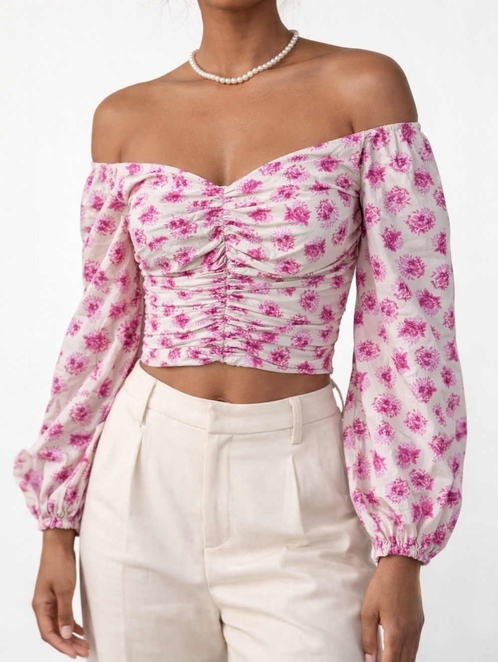 Zara Floral Off Shoulder Crop Top Women's XS Ruched Puff Sleeve Coquette Bardot